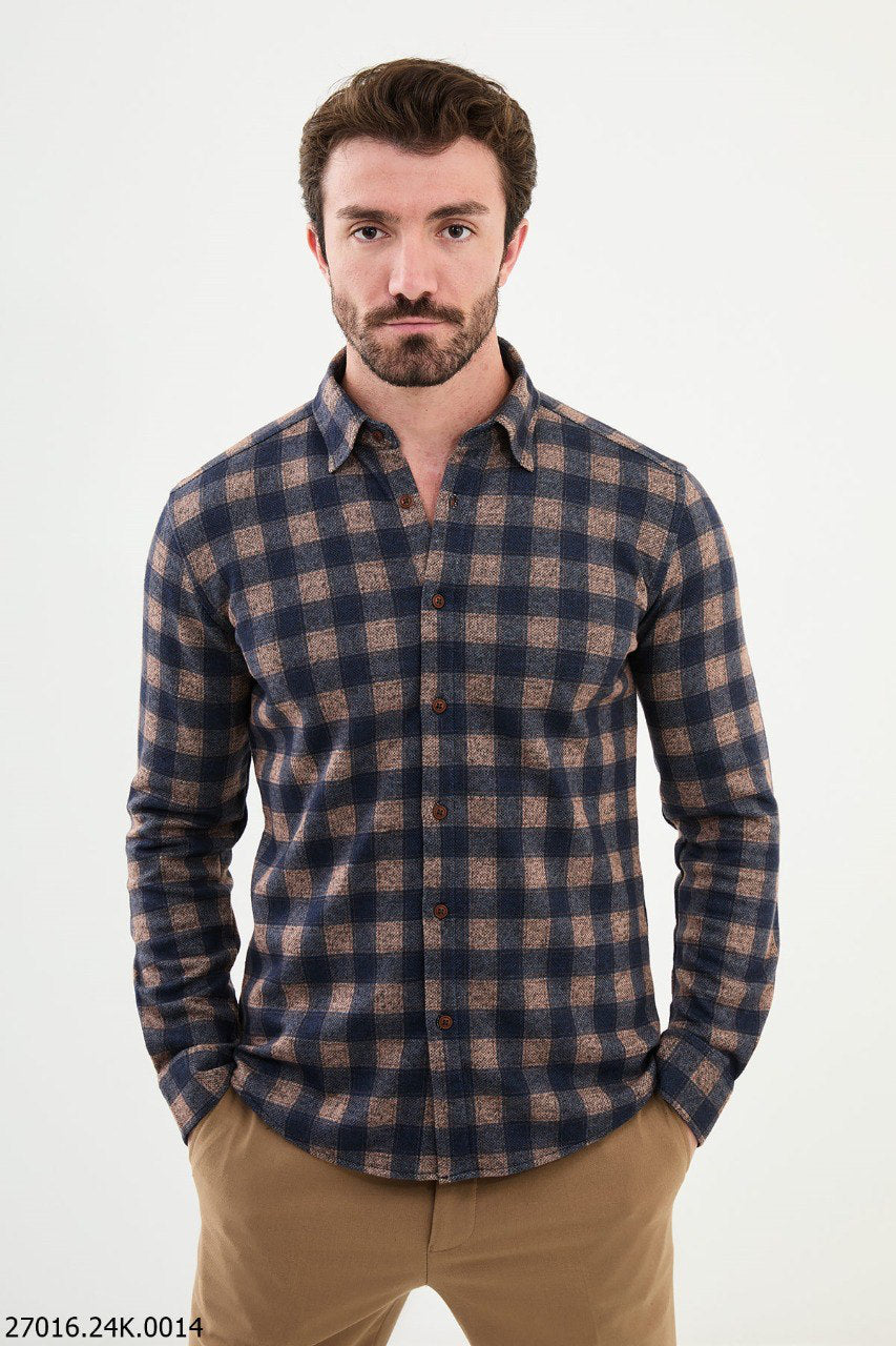 Brabion James Camel Slim Fit Checked Wool Shirt