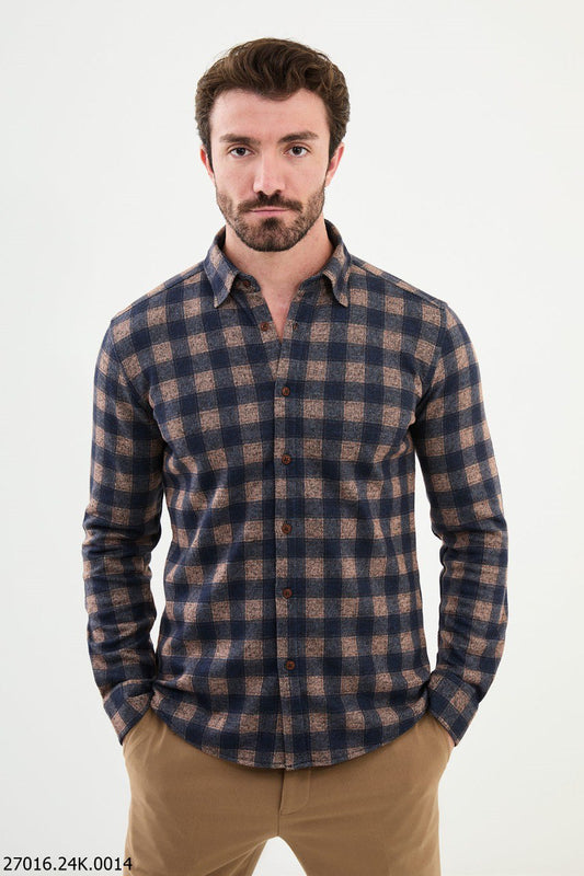 Brabion James Camel Slim Fit Checked Wool Shirt