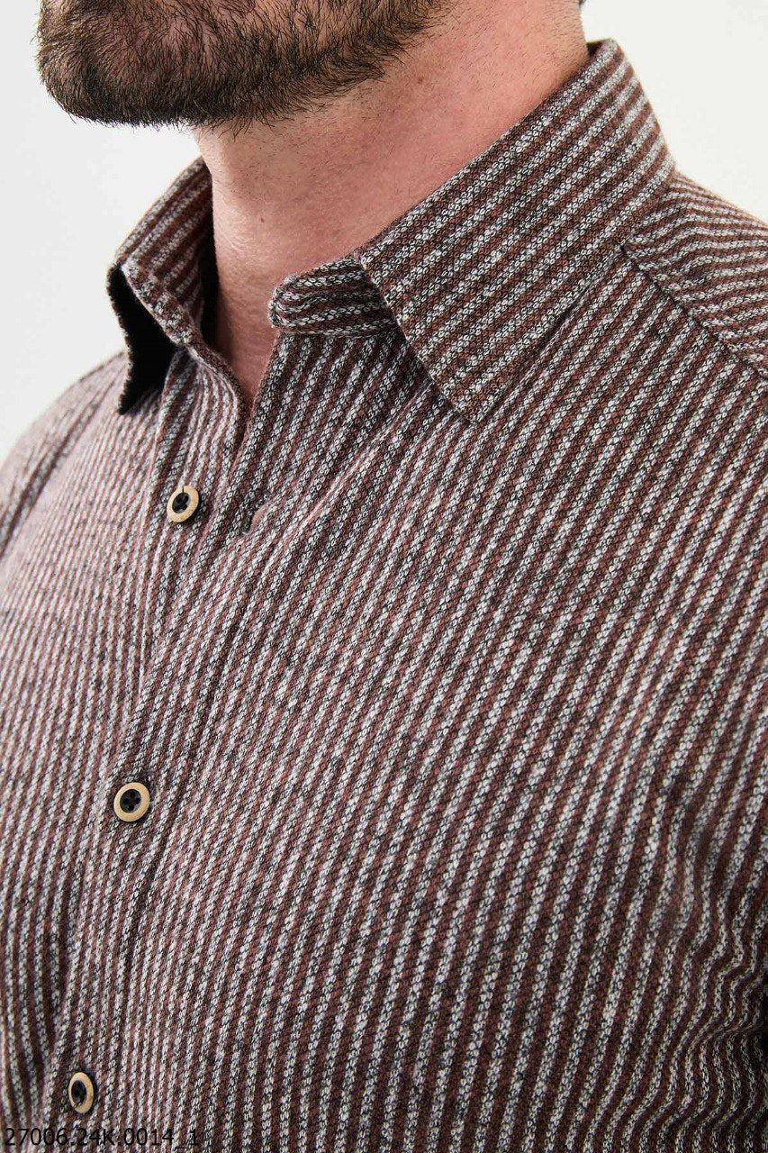 Brabion Nico Brown Slim Fit Striped Wool Shirt