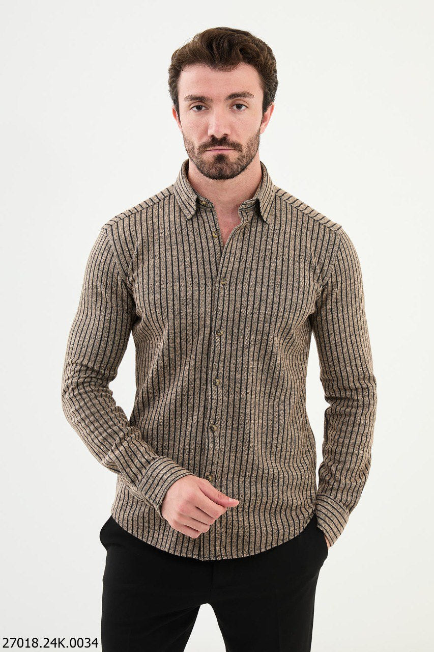 Brabion James Beige Slim Fit Chalk Stripe Wool Shirt - Versatile Elegance for Every Occasion