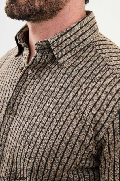 Brabion James Beige Slim Fit Chalk Stripe Wool Shirt - Versatile Elegance for Every Occasion