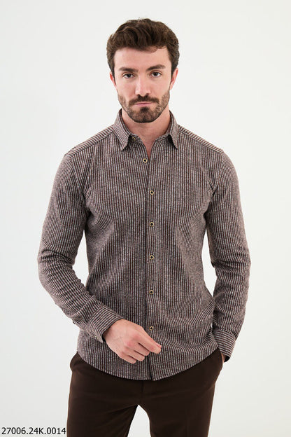 Brabion Nico Brown Slim Fit Striped Wool Shirt