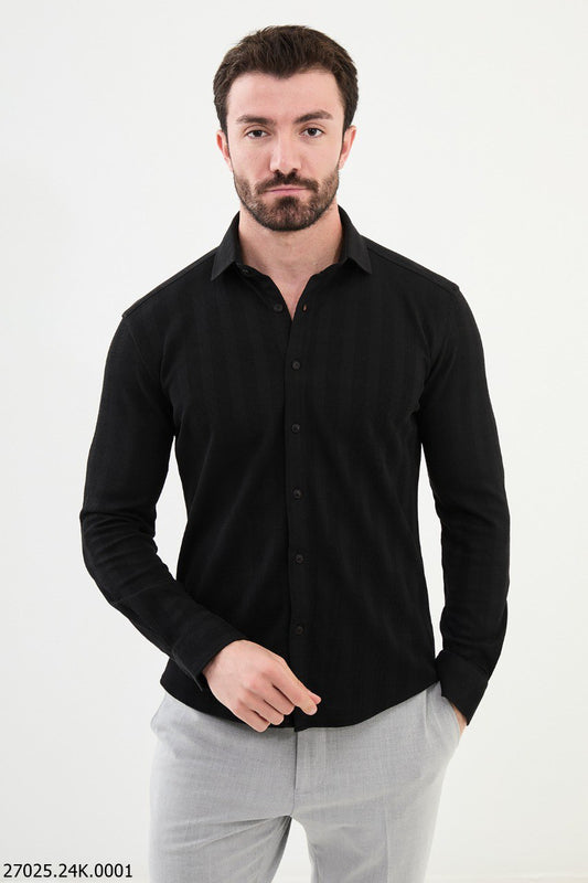 Brabion James Black Slim Fit Striped Cotton Shirt