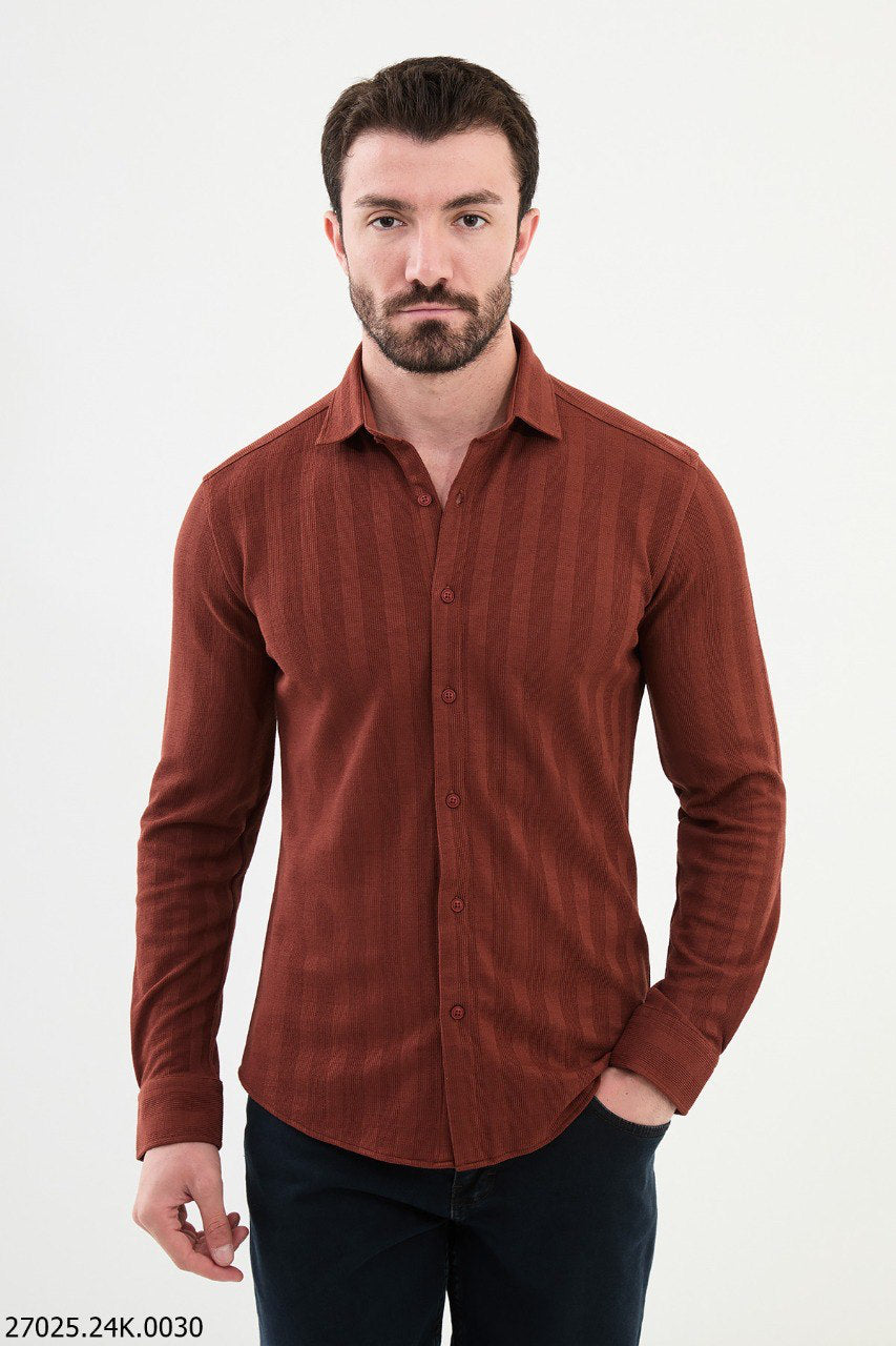 Brabion James Rust Slim Fit Striped Cotton Shirt