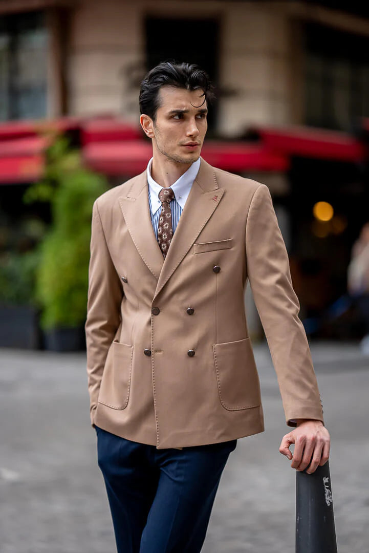 Brabion Men's Beige Double-Breasted Blazer