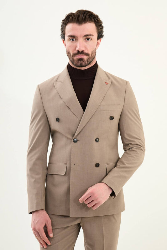 Men’s light brown sandstone slim-fit double-breasted 6x2 suit with peak lapels, cotton-wool-viscose blend with 4-way stretch for wrinkle-resistant wear, styled with a tonal brown turtleneck.