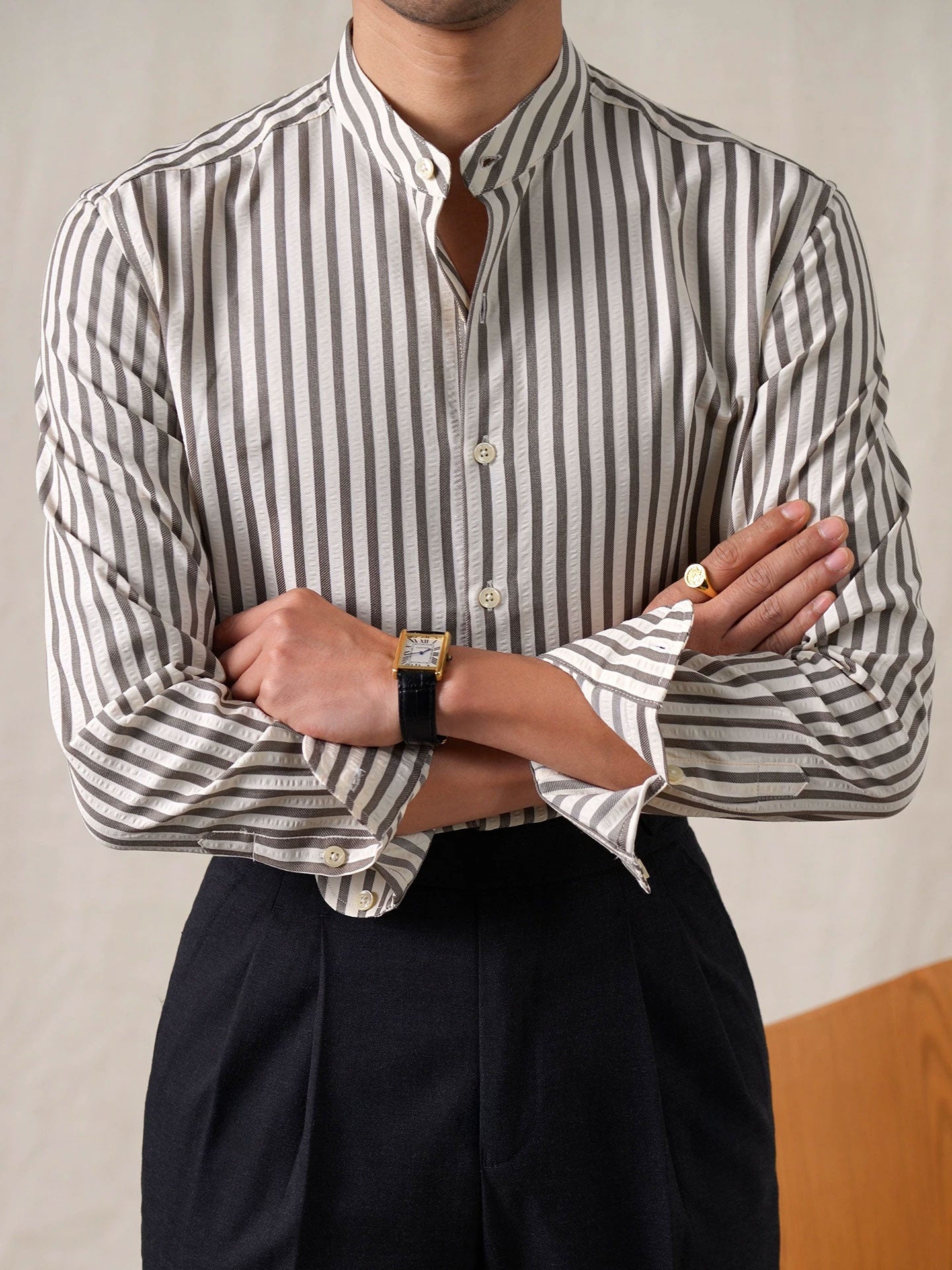 Men’s Seersucker Cotton-Blend Stand Collar Shirt