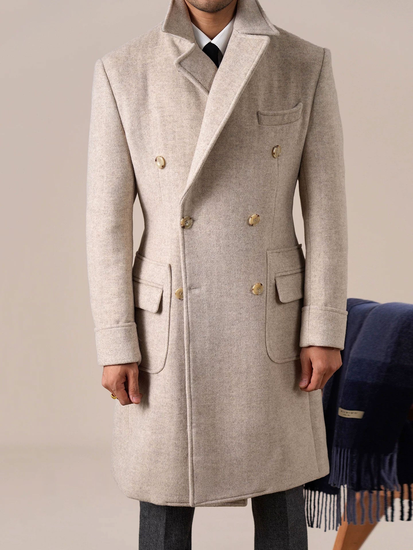 Mens Double-Breasted Ulster Collar Wool Coat - BRABION