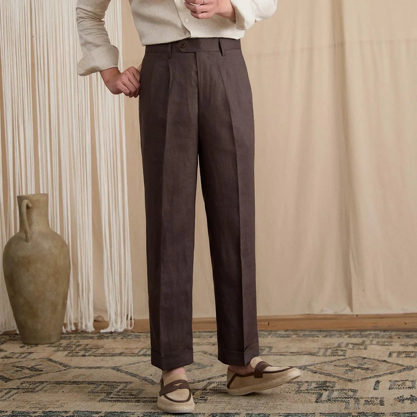 mens brown linen dress pants Men's Linen-Look Latte Suit Pants, 38 Short