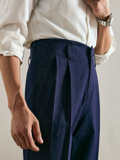 Men’s Double-Pleated Straight-Leg Vintage Jeans - BRABION