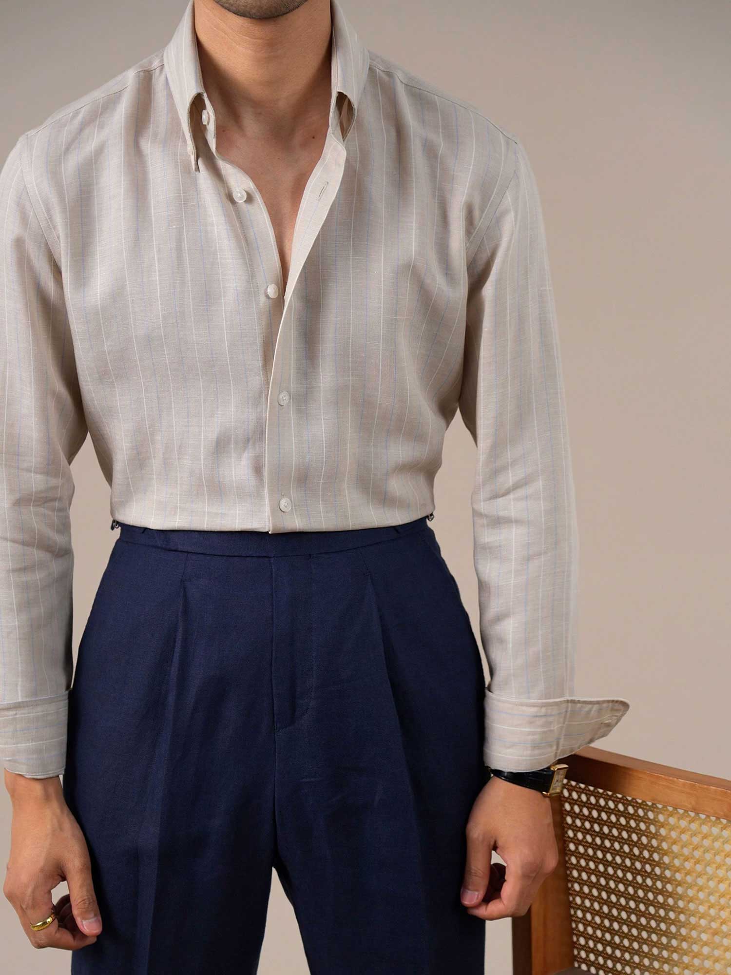 Men’s Breathable Linen Blend Striped Dress Shirt — Italian Point Collar