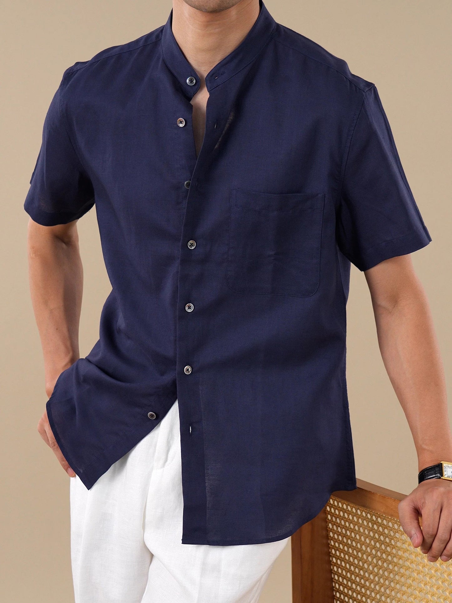 Band Collar Style Cotton-Linen Blend Short-Sleeve Casual Shirt for Men