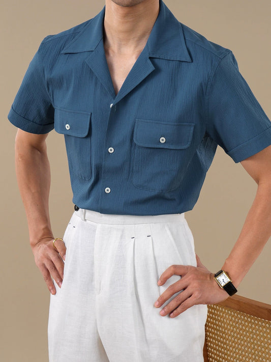 Cuban Collar Short Sleeve Breathable Cotton Shirt for Men