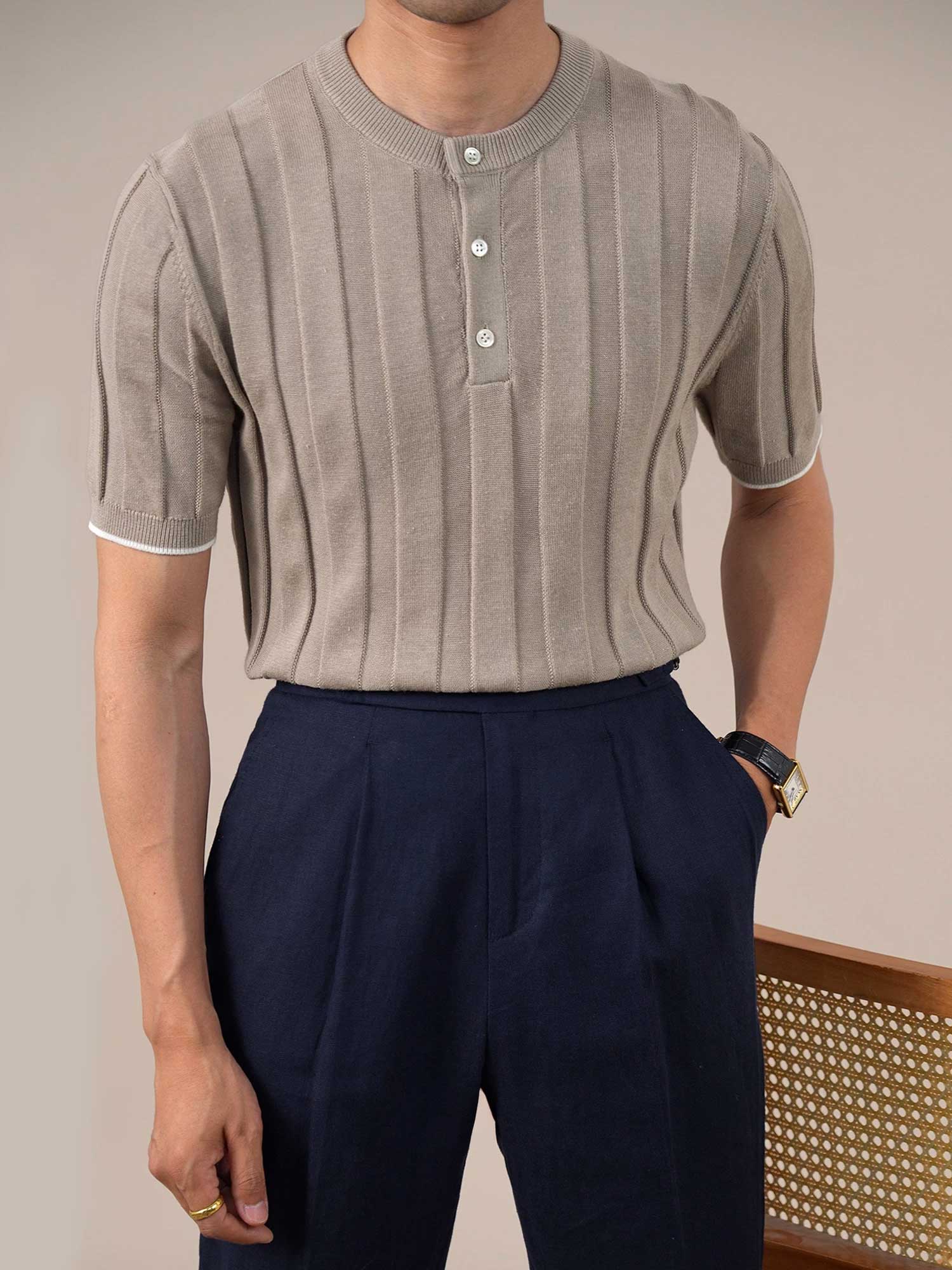 Men's Cotton&Linen Knit Ribbed Henley Polo Shirt BRABION