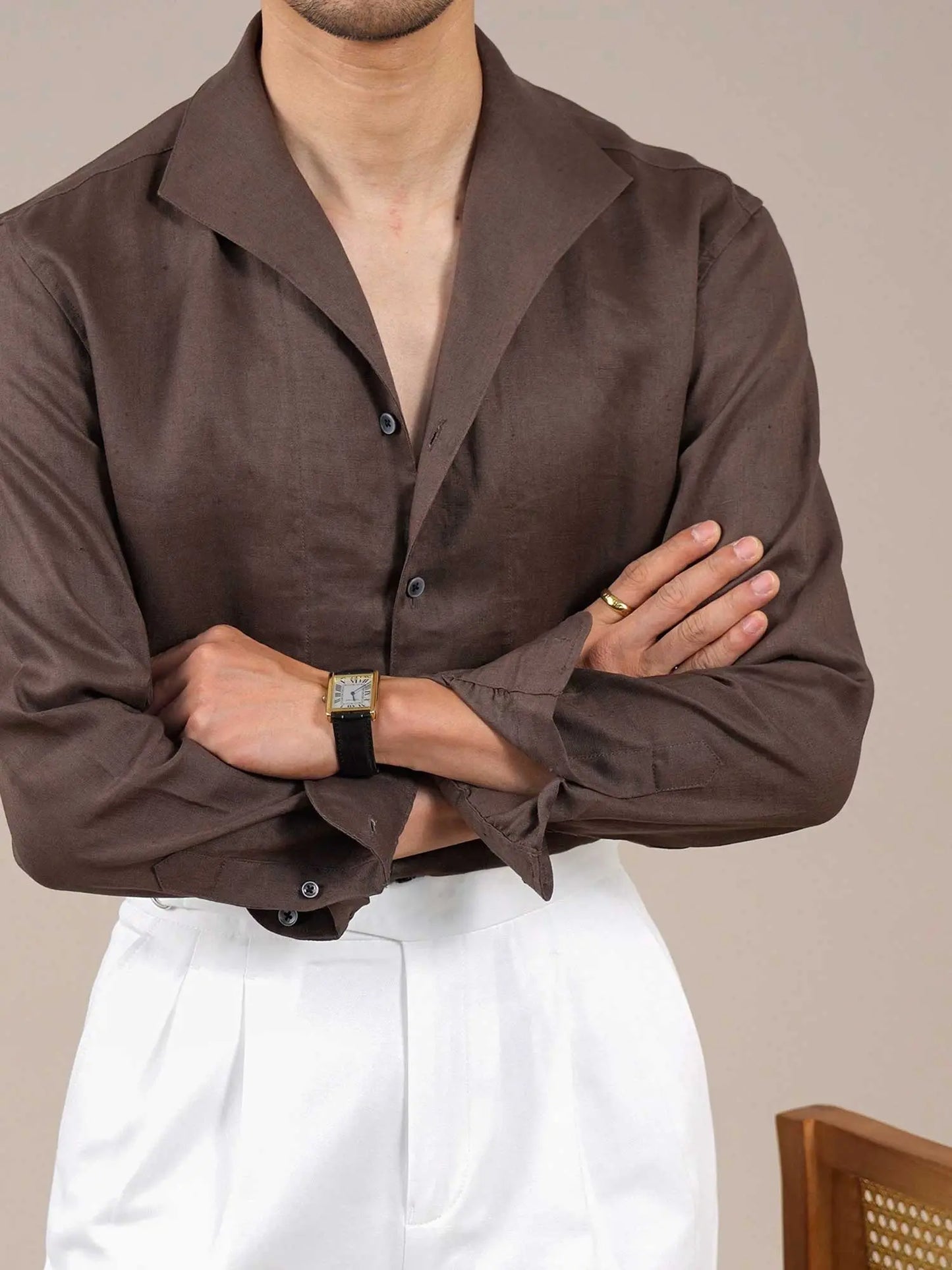 100% Linen Casual Dress Shirt for Men Coffee / XL