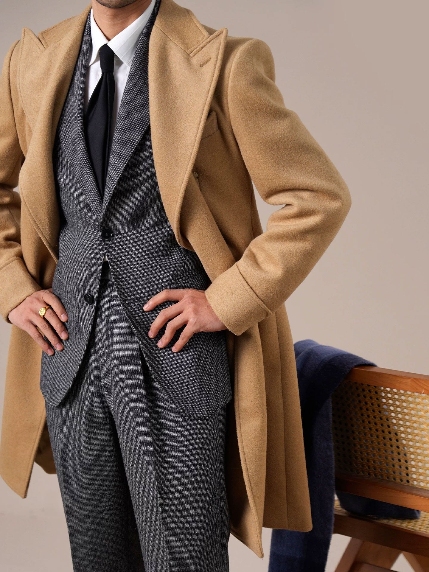 Mens Wool Chester Double Breasted Notched Lapel Coat - BRABION