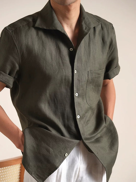 Linen Short-Sleeve One-Piece Collar Men's Shirt