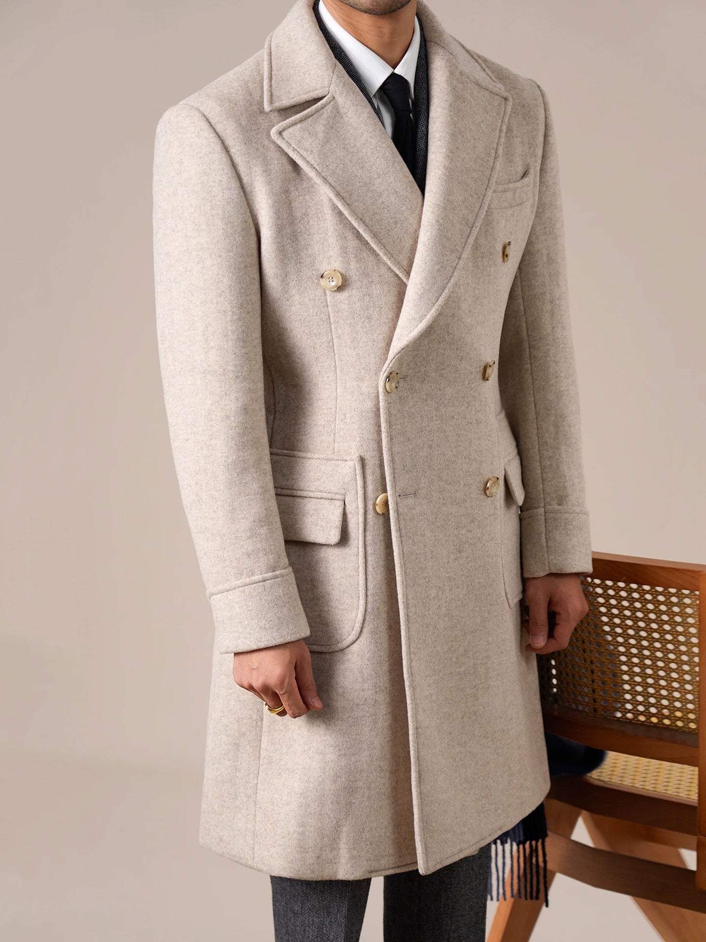Mens Double-Breasted Ulster Collar Wool Coat - BRABION