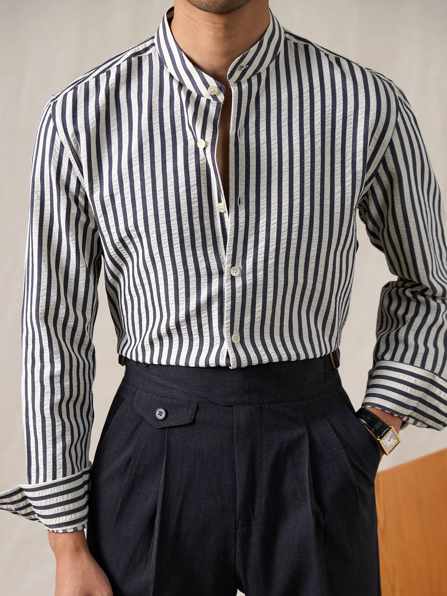 Men’s Seersucker Cotton-Blend Stand Collar Shirt