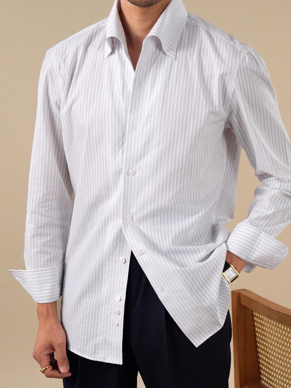 Men's Italian-Style One-Piece Collar Striped Long-Staple Cotton Shirt