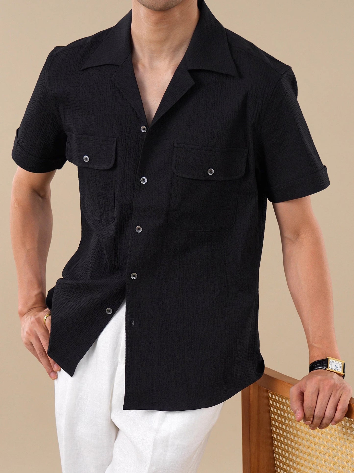 Cuban Collar Short Sleeve Breathable Cotton Shirt for Men