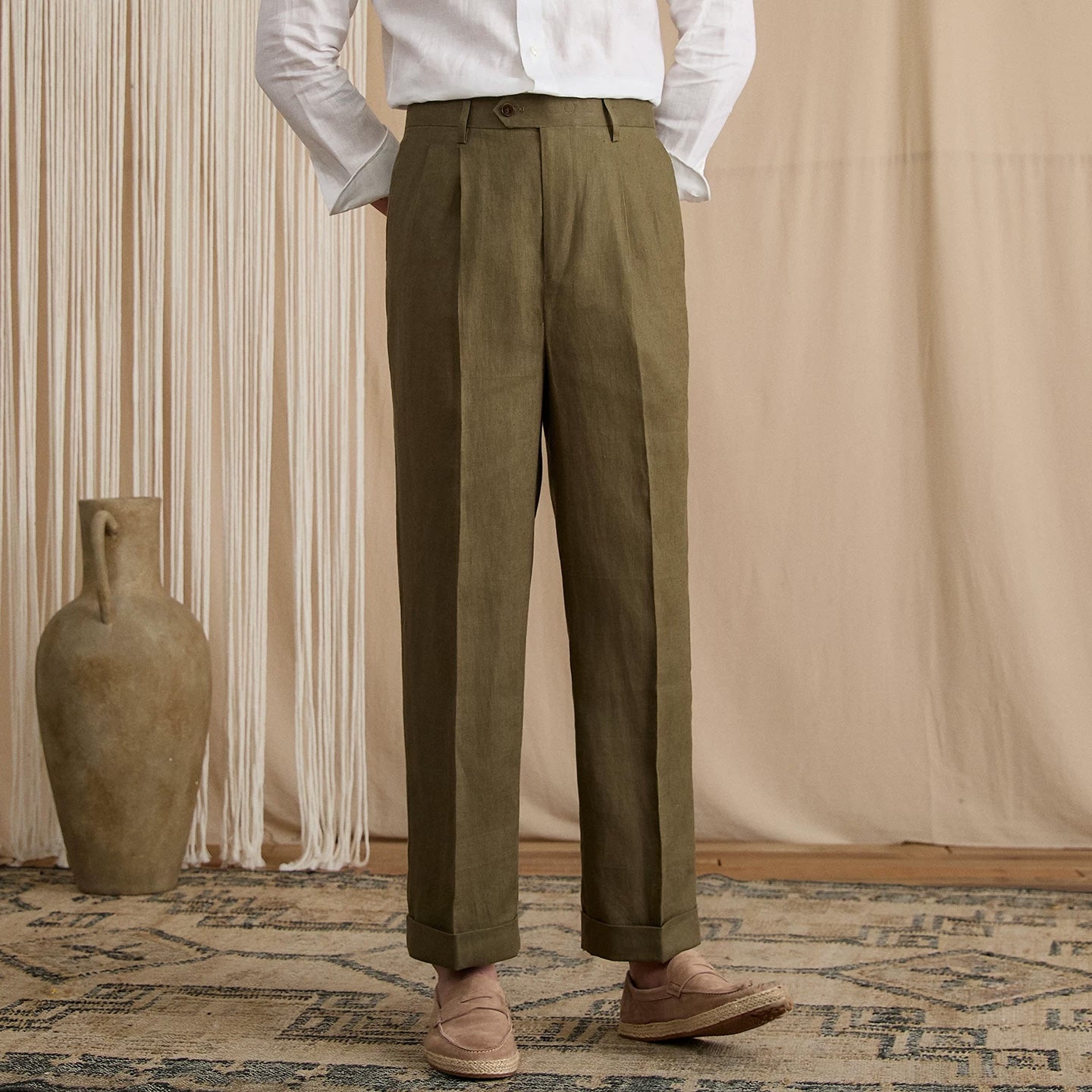 Men's Summer Breathable Pure Linen High-Waisted Trousers