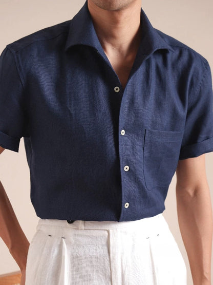 Linen Short-Sleeve One-Piece Collar Men's Shirt