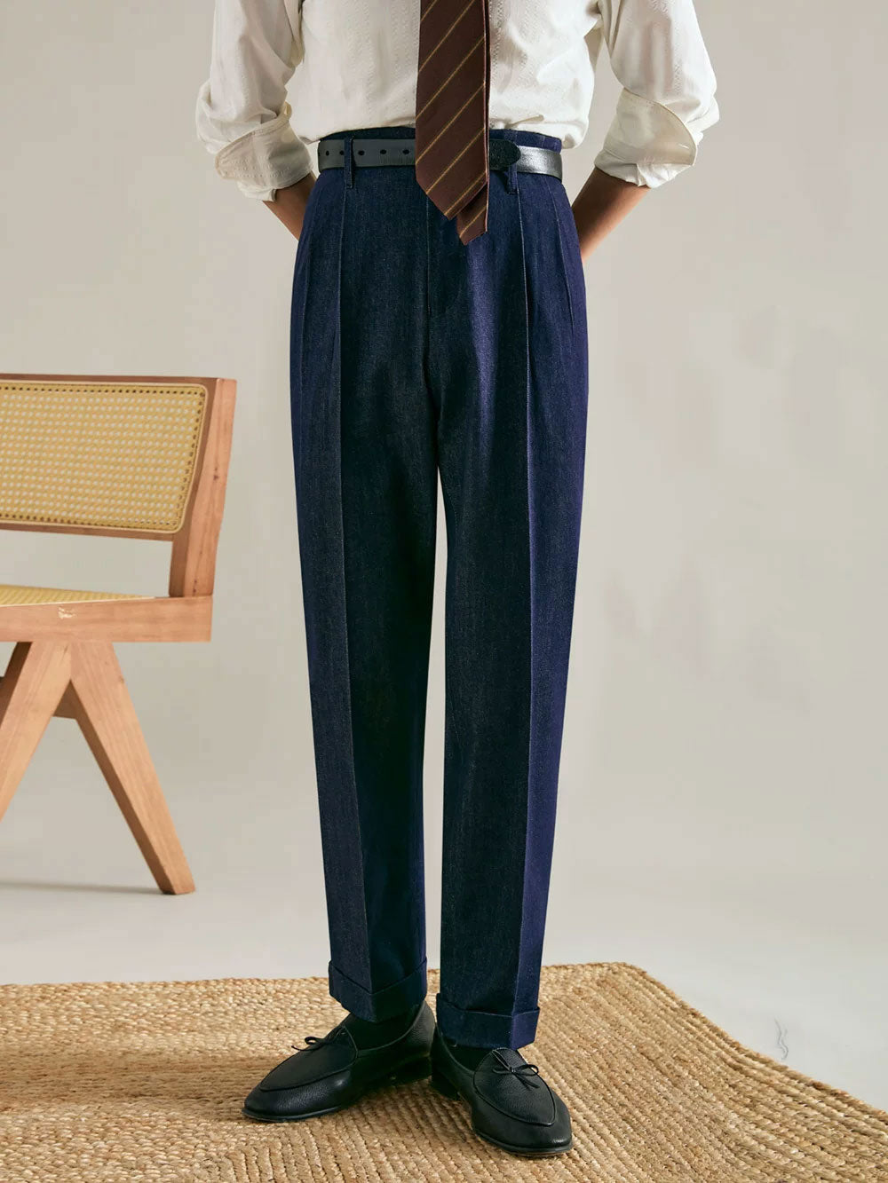 Men’s Double-Pleated Straight-Leg Vintage Jeans - BRABION
