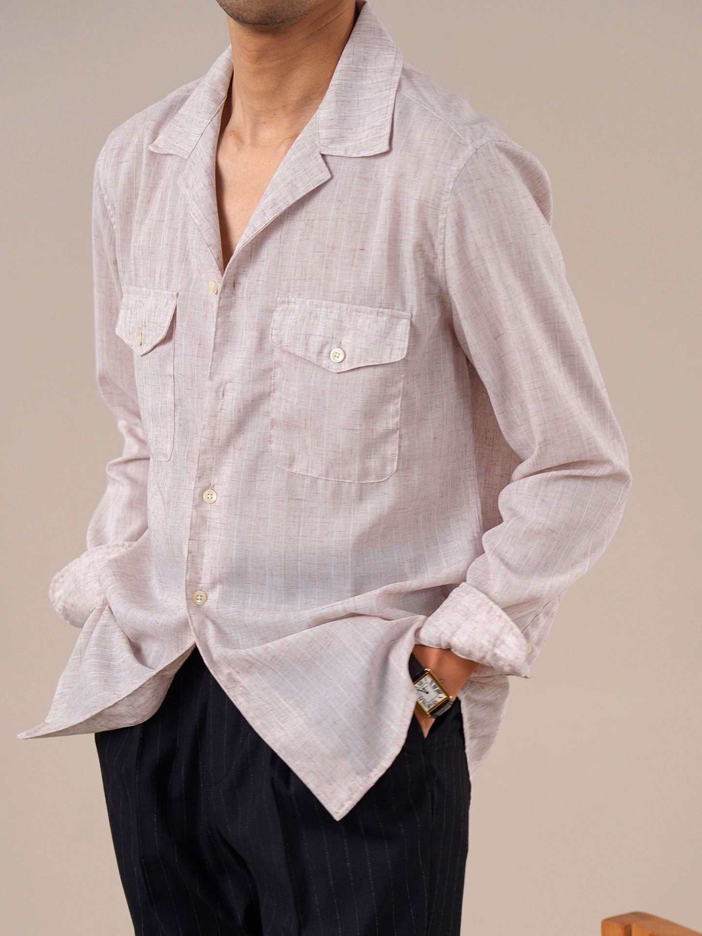 Men's Breathable Linen Blend Cuban Collar Long Sleeve Shirt BRABION