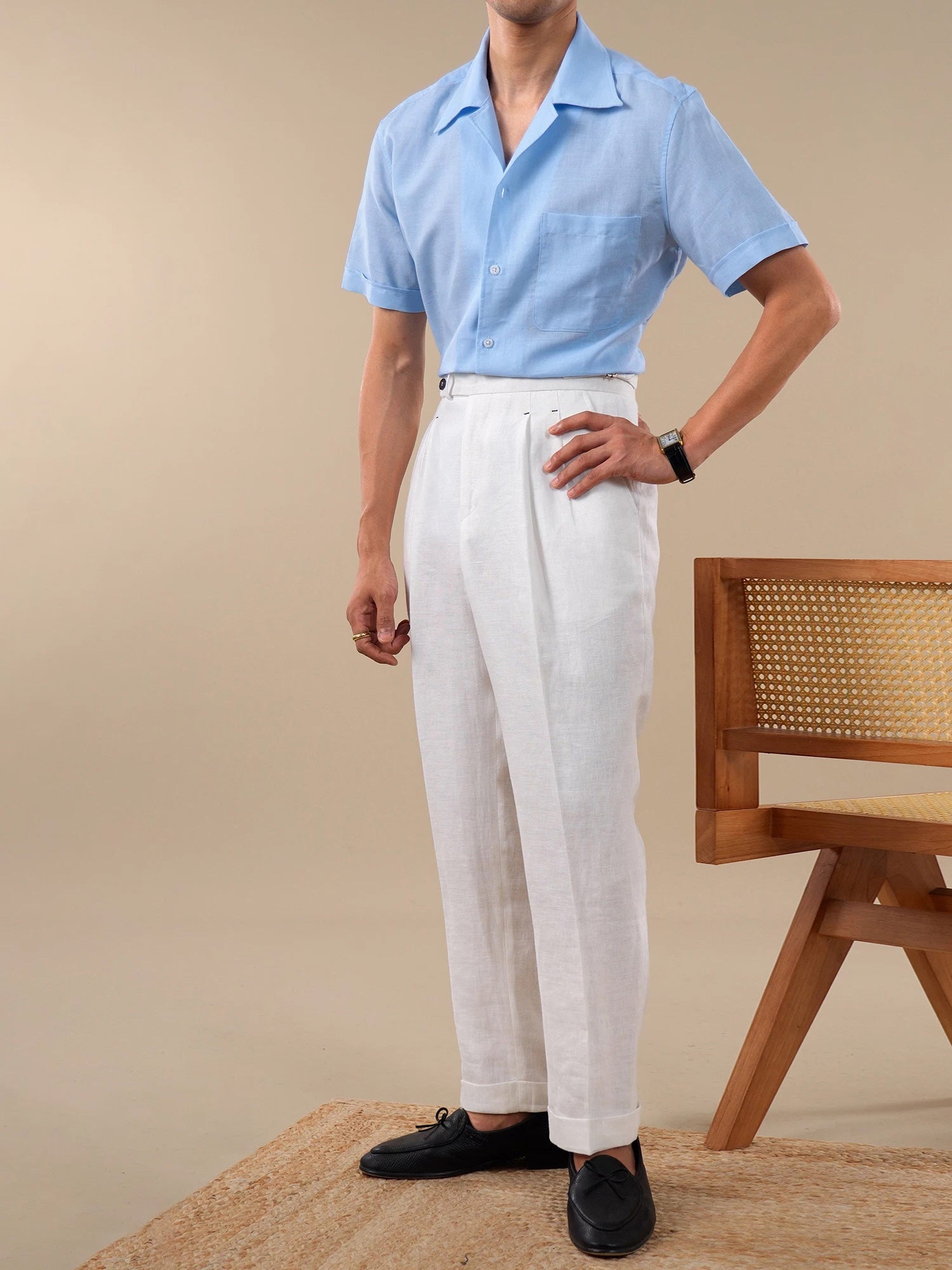 Linen Cotton Blend Cuban Collar Short Sleeve Shirt for Men BRABION