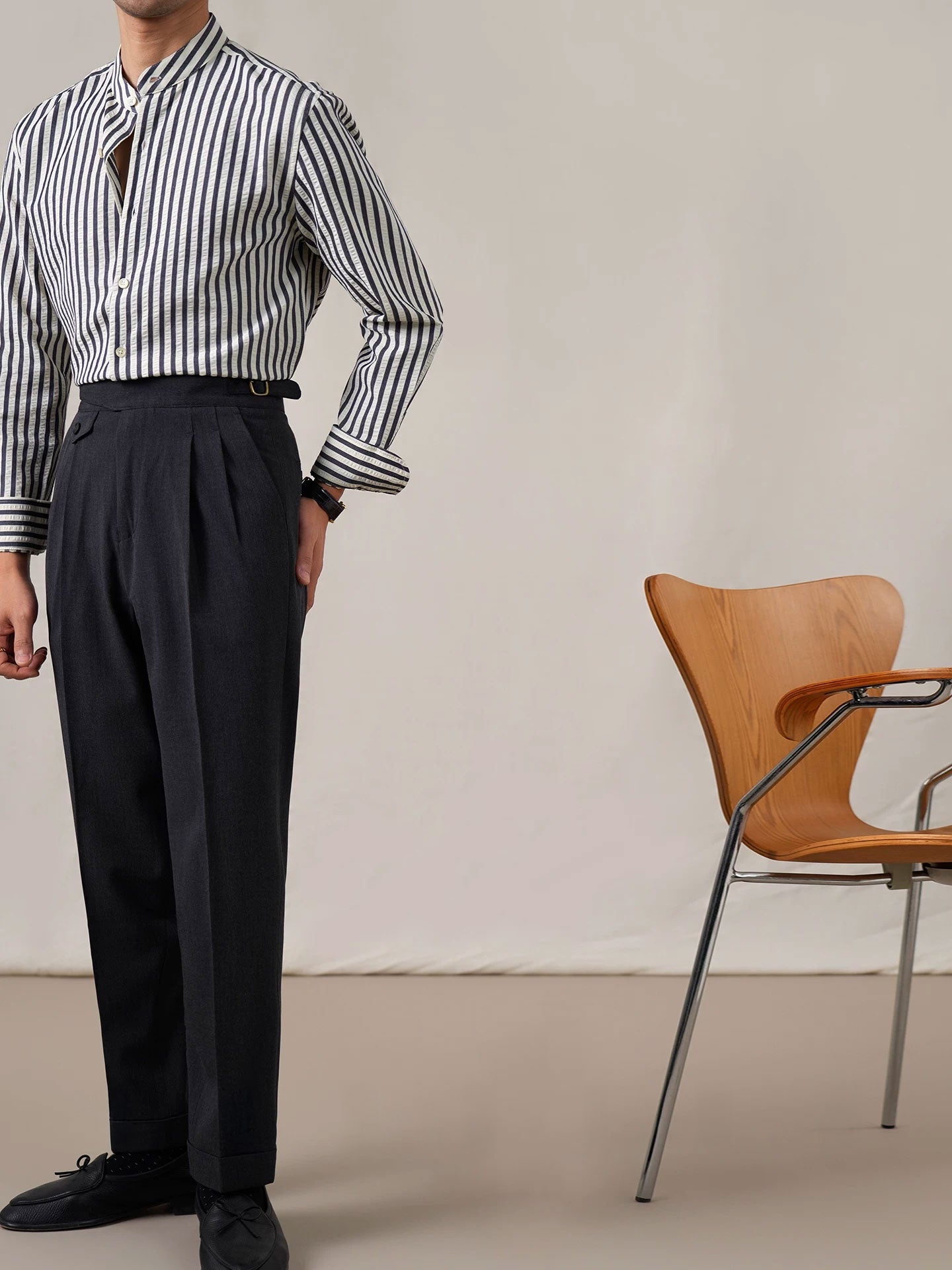 Men’s Seersucker Cotton-Blend Stand Collar Shirt