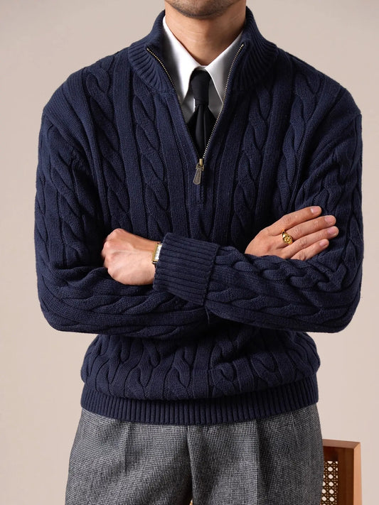 Men's Half Zip Thick Pure Cotton Knit Sweater BRABION
