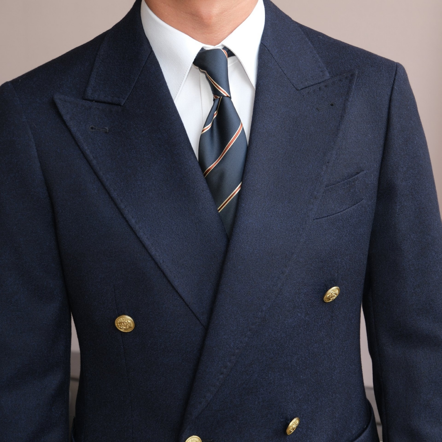 Double-Breasted Wrap Suit with Gold Buttons