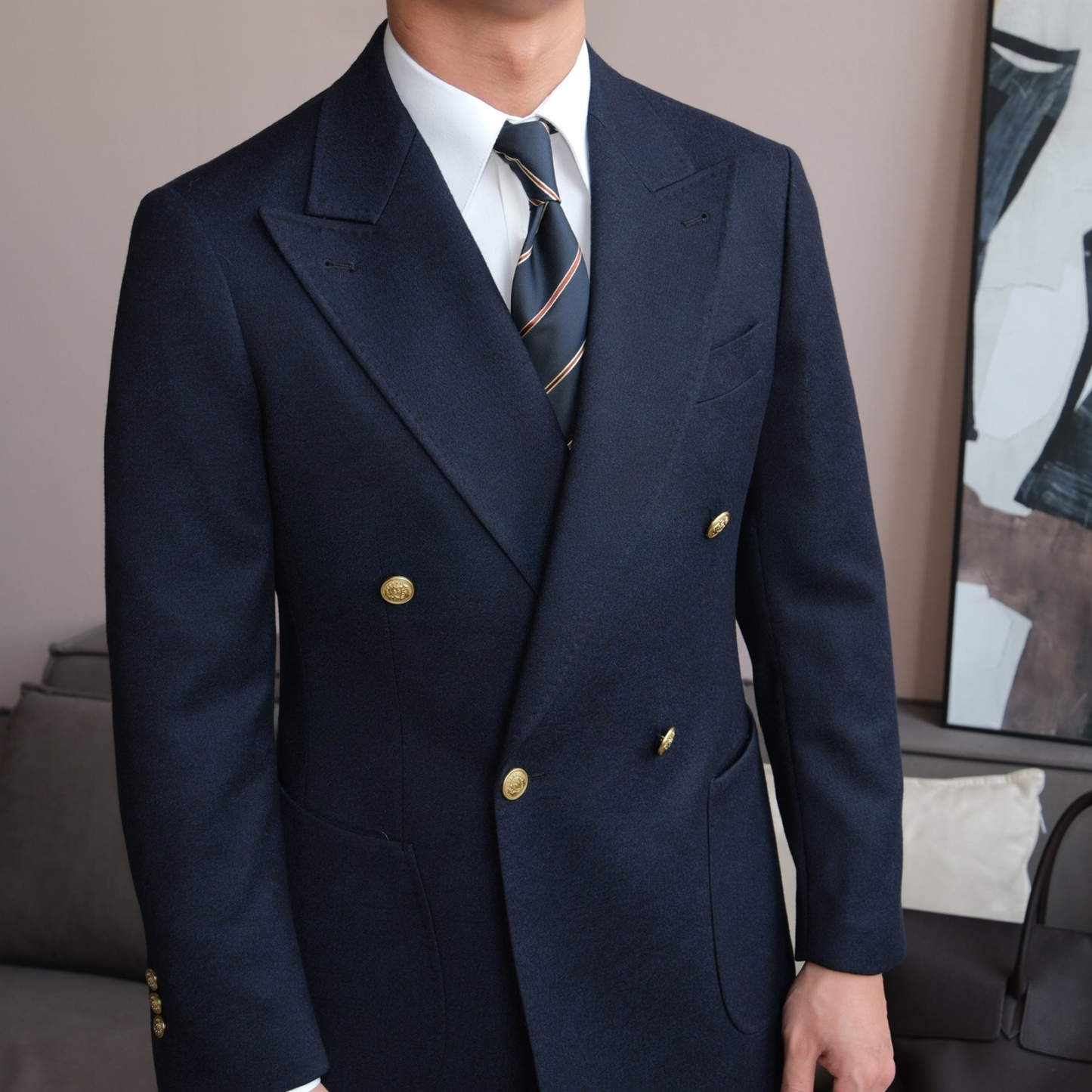 Double-Breasted Wrap Suit with Gold Buttons
