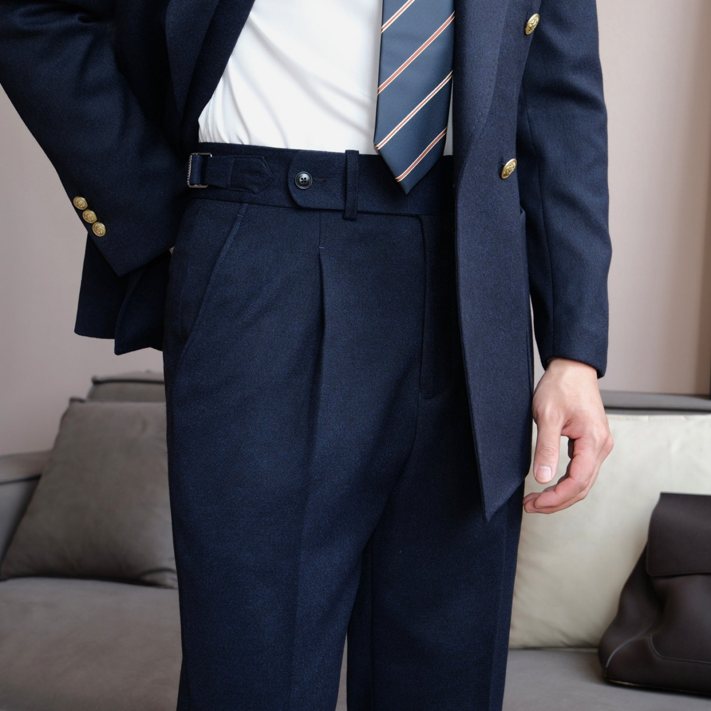 Double-Breasted Wrap Suit with Gold Buttons