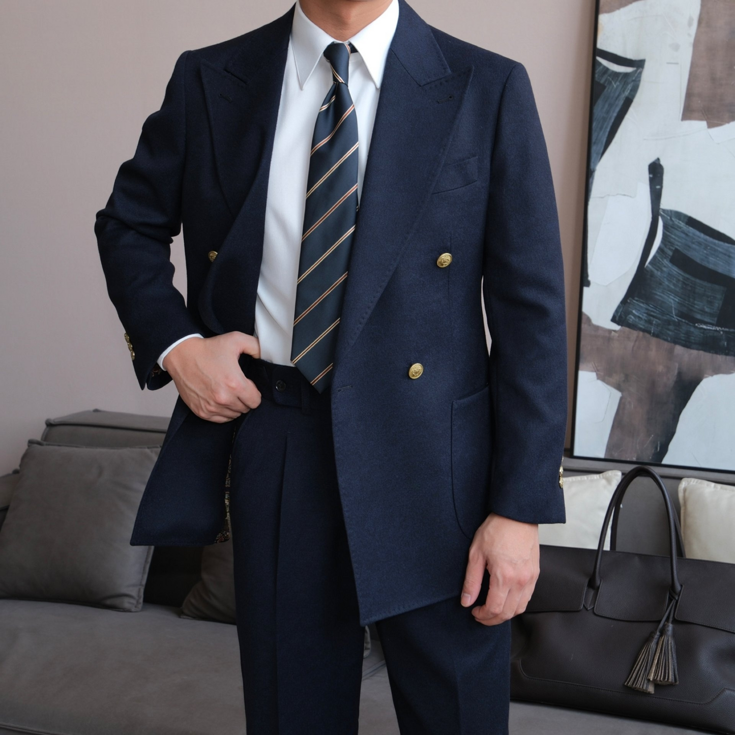 Double-Breasted Wrap Suit with Gold Buttons