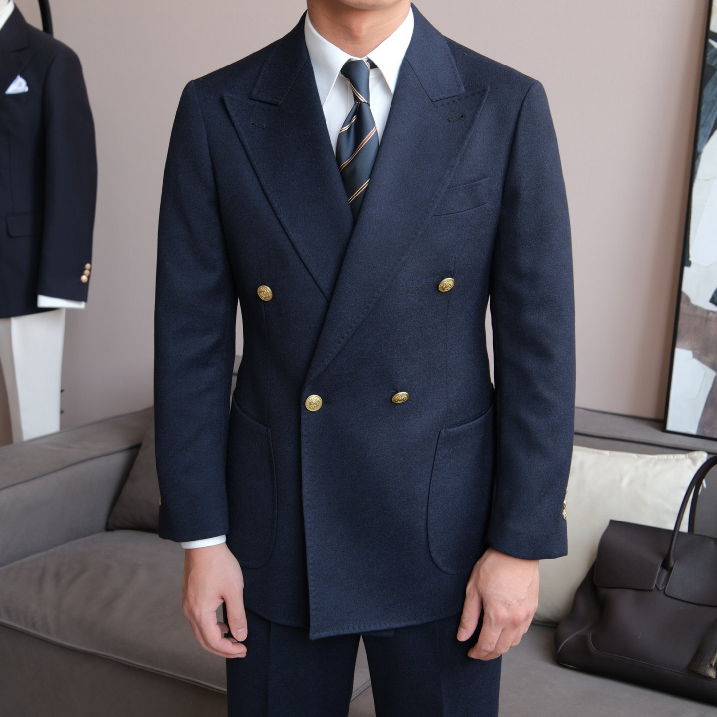 Double-Breasted Wrap Suit with Gold Buttons