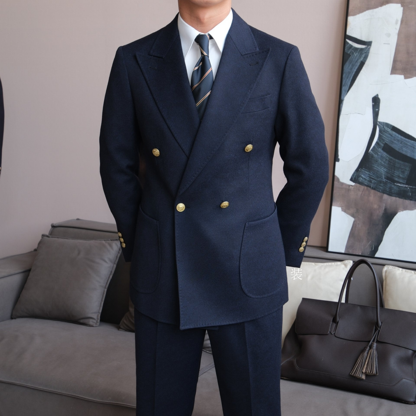 Double-Breasted Wrap Suit with Gold Buttons