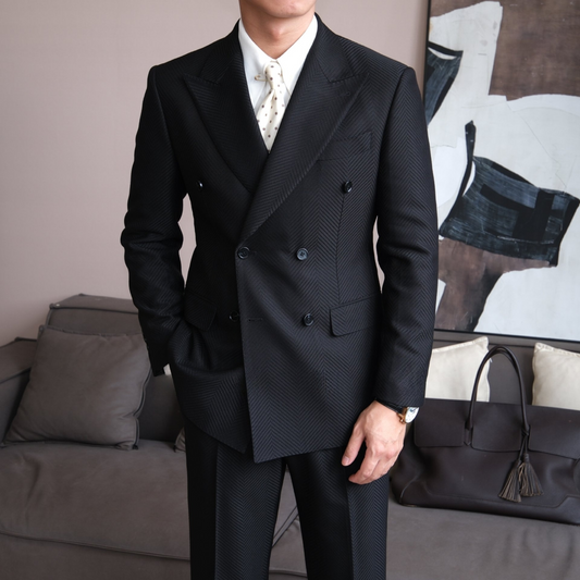 Black Textured Herringbone Double-Breasted Suit