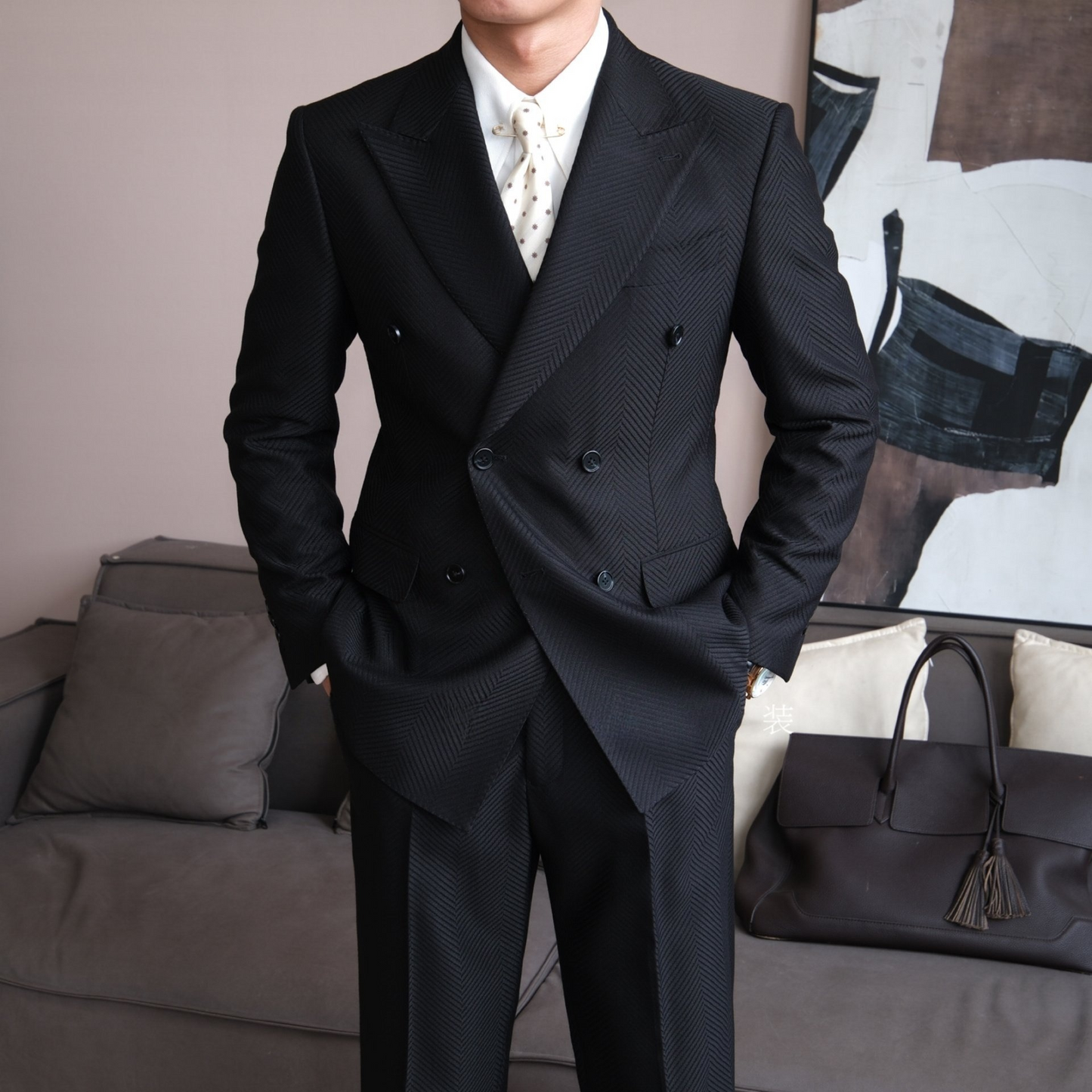 Black Textured Herringbone Double-Breasted Suit
