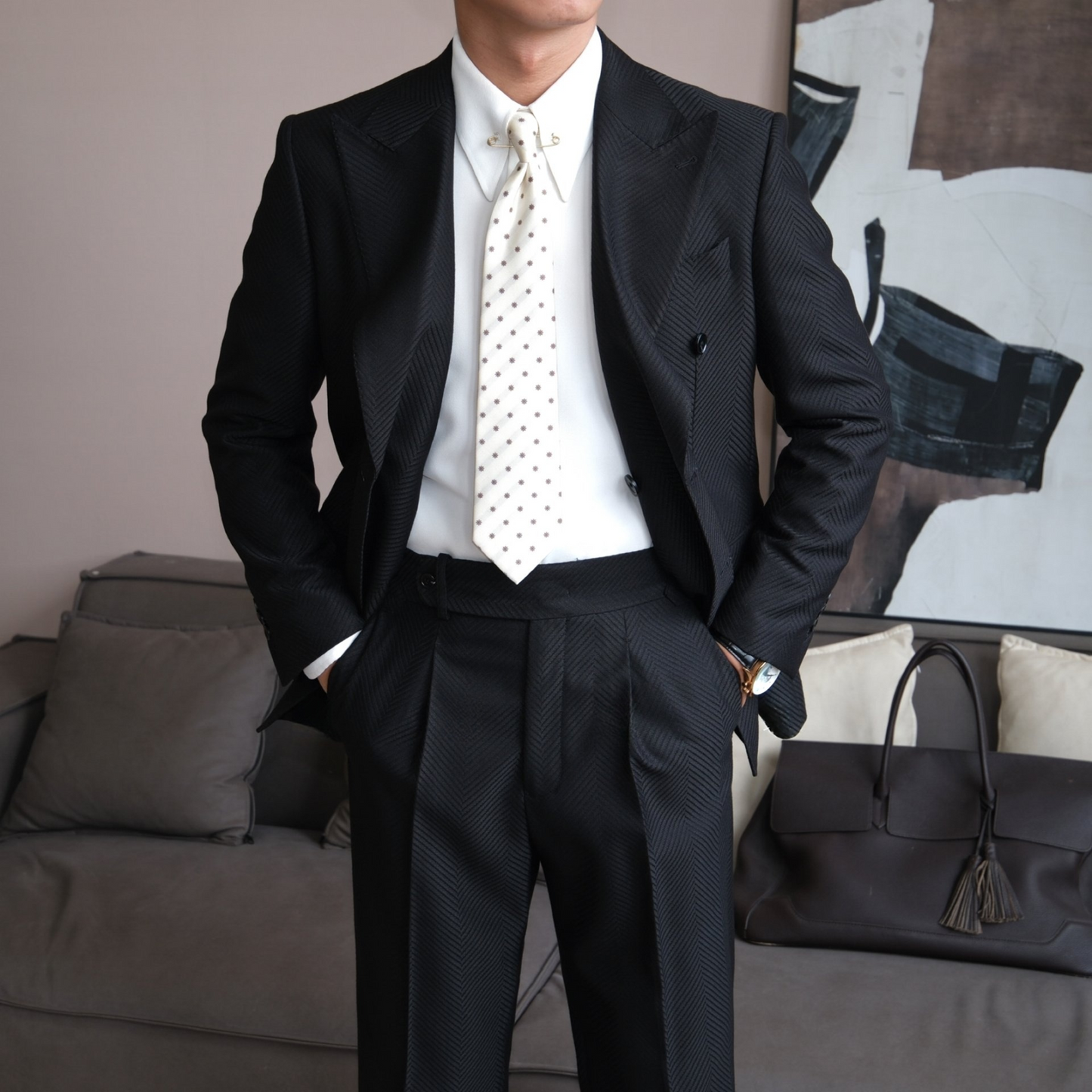 Black Textured Herringbone Double-Breasted Suit