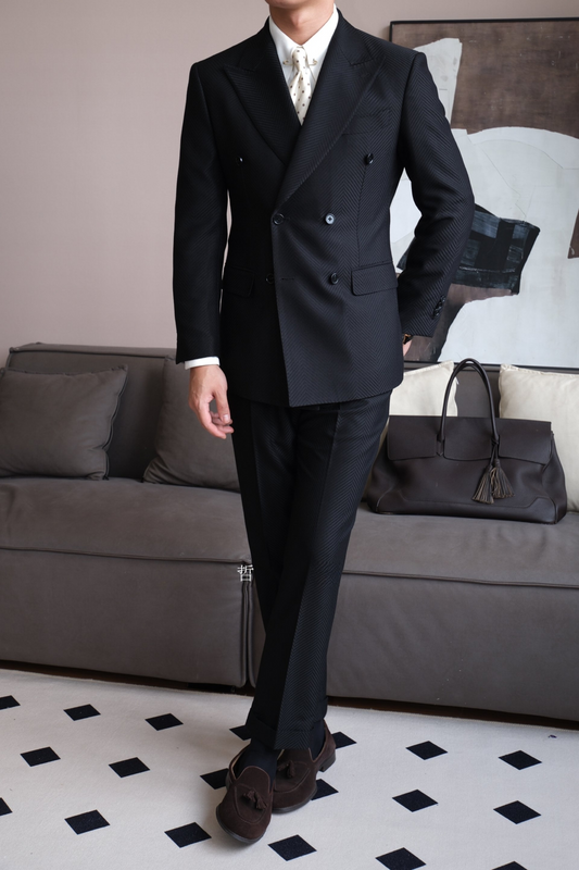 Black Textured Herringbone Double-Breasted Suit