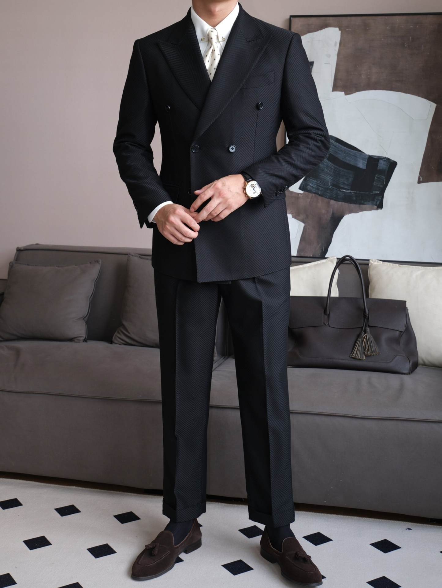 Black Textured Herringbone Double-Breasted Suit