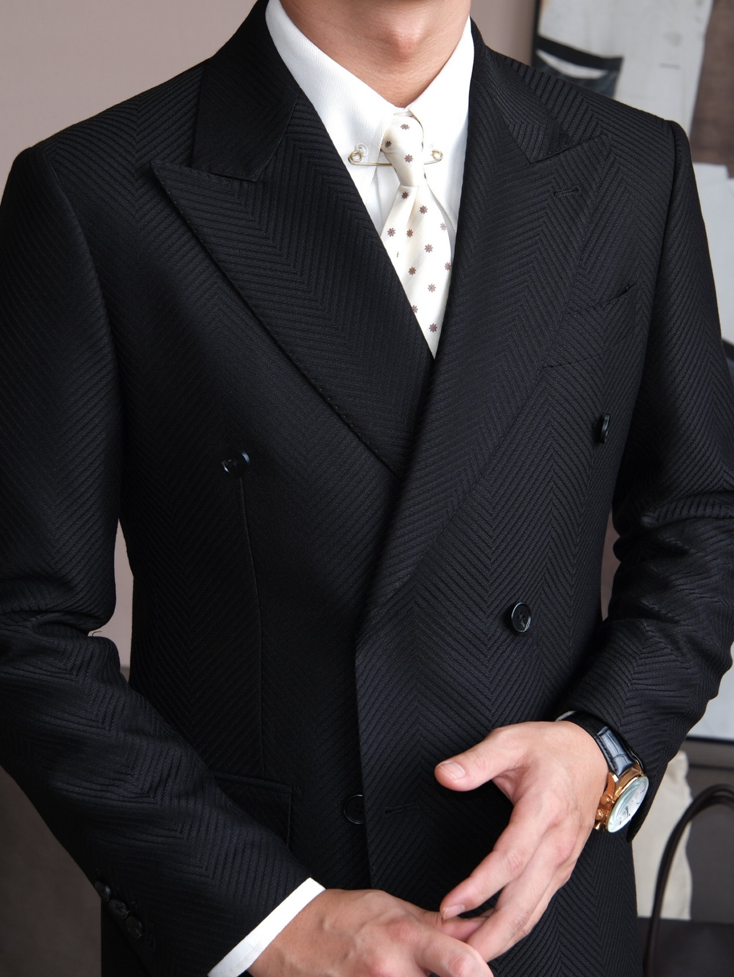 Black Textured Herringbone Double-Breasted Suit