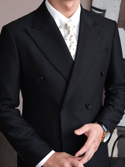 Black Textured Herringbone Double-Breasted Suit