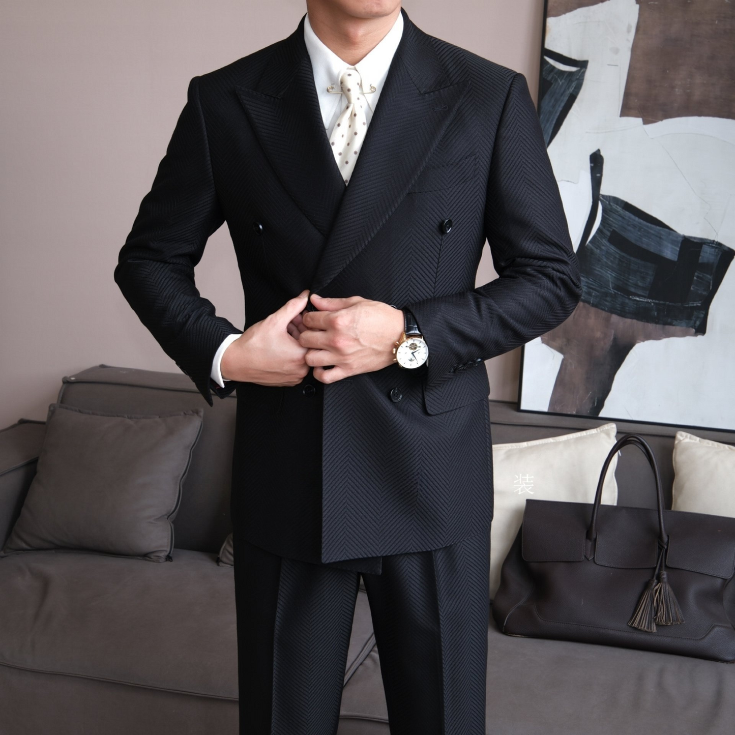 Black Textured Herringbone Double-Breasted Suit