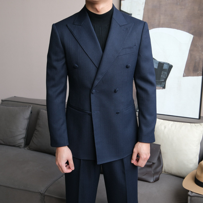 Double-Breasted Suit with Fabric Buttons and Peak Lapel