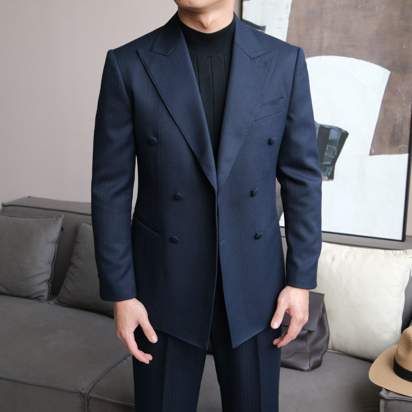 Double-Breasted Suit with Fabric Buttons and Peak Lapel