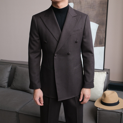 Double-Breasted Suit with Fabric Buttons and Peak Lapel