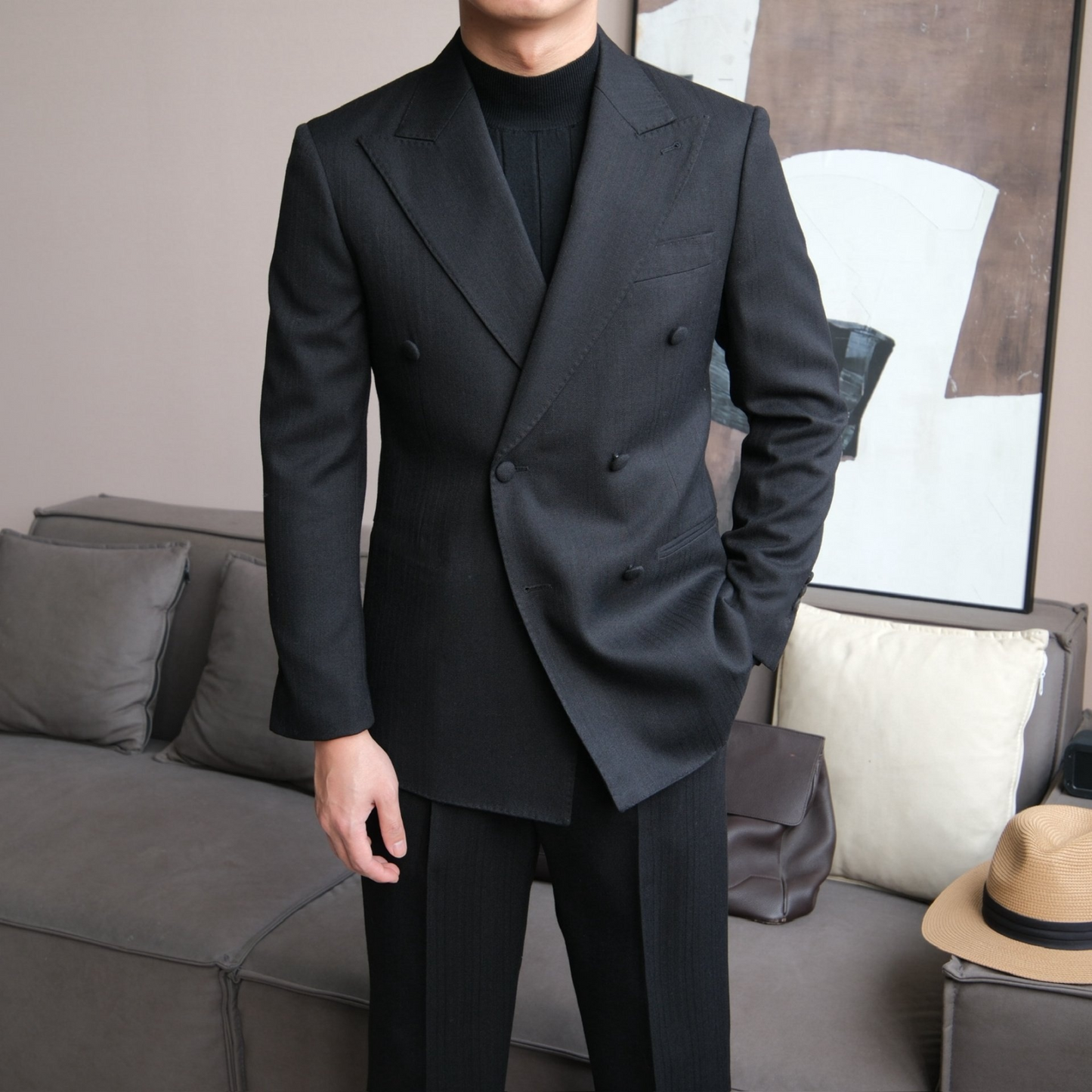 Double-Breasted Suit with Fabric Buttons and Peak Lapel